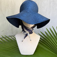 LIMITED EDITION Navy straw hat with silk vintage scarf