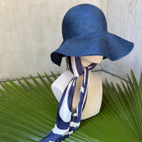 LIMITED EDITION Navy straw hat with silk vintage scarf