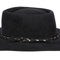 Carly. Women and Men Handmade Felt Velour Black Hat With Black and Silver Braided Leather Band.