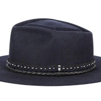Jagger. Women and Men's Blue Dress Staple Hat With Studded Suede Braided Band and small Rounder Leather Band. Gladys Tamez Hat Store.
