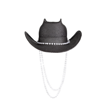 Black cowboy straw hat with white pearls 