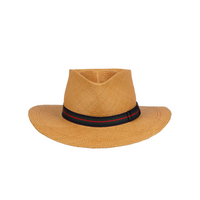 Light brown straw hat with black, green and red stripped band