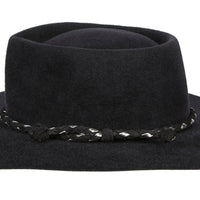 Carly. Women and Men Handmade Felt Velour Black Hat With Black and Silver Braided Leather Band.  