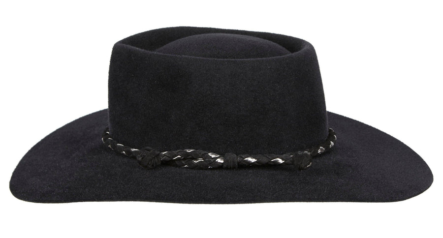 Carly. Women and Men Handmade Felt Velour Black Hat With Black and Silver Braided Leather Band.  