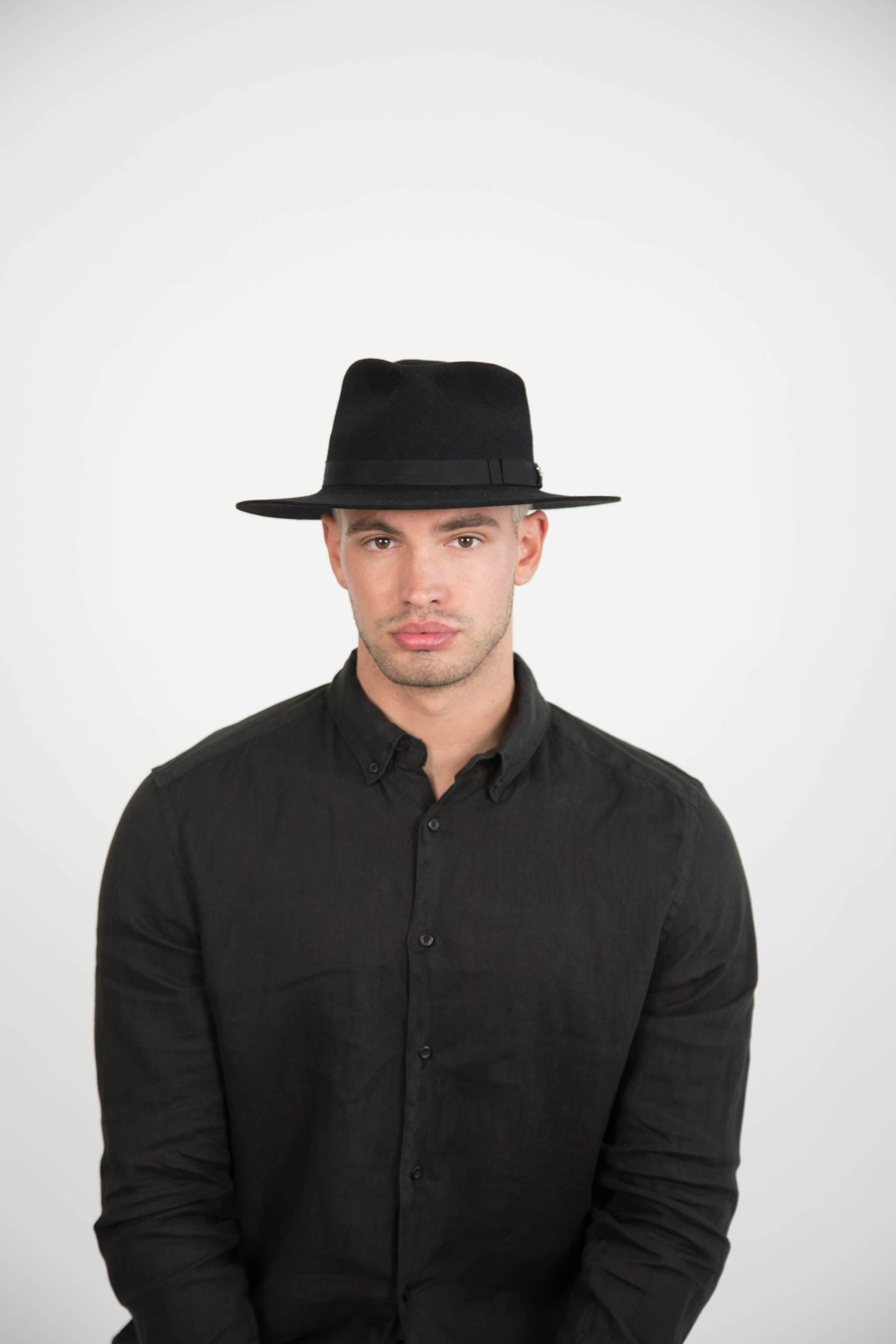 black mens dress hats Men's Black Wide Brim Fedora Hat Classic Wool Felt Dress With Matching Band Usa Outlet One size
