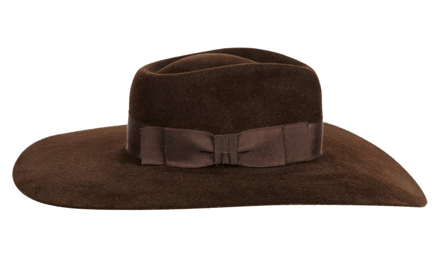 Faye. Women and Men's Handmade  Chocolate Felt Velour Hats With Grosgrain Band. Gladys Tamez Hat Store.