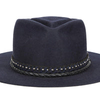 Jagger. Women and Men's Blue Dress Staple Hat With Studded Suede Braided Band and small Rounder Leather Band. Gladys Tamez Hat Store. 
