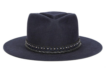 Jagger. Women and Men's Blue Dress Staple Hat With Studded Suede Braided Band and small Rounder Leather Band. Gladys Tamez Hat Store. 