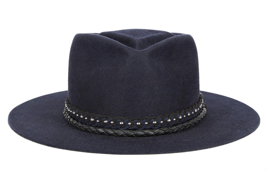 Jagger. Women and Men's Blue Dress Staple Hat With Studded Suede Braided Band and small Rounder Leather Band. Gladys Tamez Hat Store. 