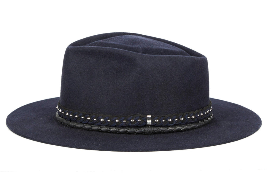 Jagger. Women and Men's Blue Dress Staple Hat With Studded Suede Braided Band and small Rounder Leather Band. Gladys Tamez Hat Store. 