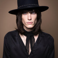 Jagger. Women and Men's Blue Dress Staple Hat With Studded Suede Braided Band and small Rounder Leather Band. Gladys Tamez Hat Store. 