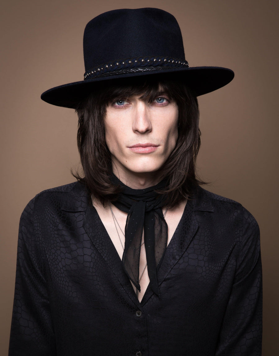 Jagger. Women and Men's Blue Dress Staple Hat With Studded Suede Braided Band and small Rounder Leather Band. Gladys Tamez Hat Store. 